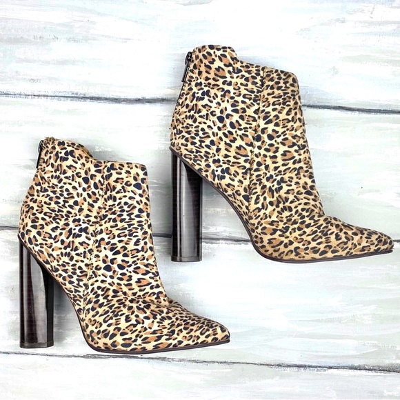 Qupid Pointed Toe Leopard Print Heeled Booties Chunky Block Heel Ankle Boot 5.5M - Picture 10 of 16